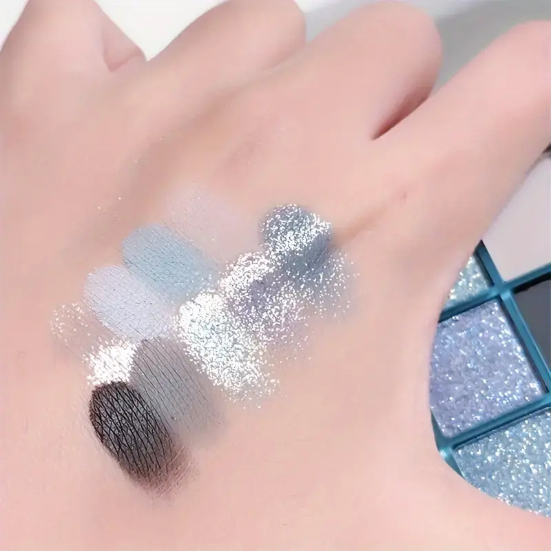 Blue Sky 9 color eyeshadow tray, matte pearlescent shimmery surface, waterproof and sweat resistant, long-lasting makeup, blue a