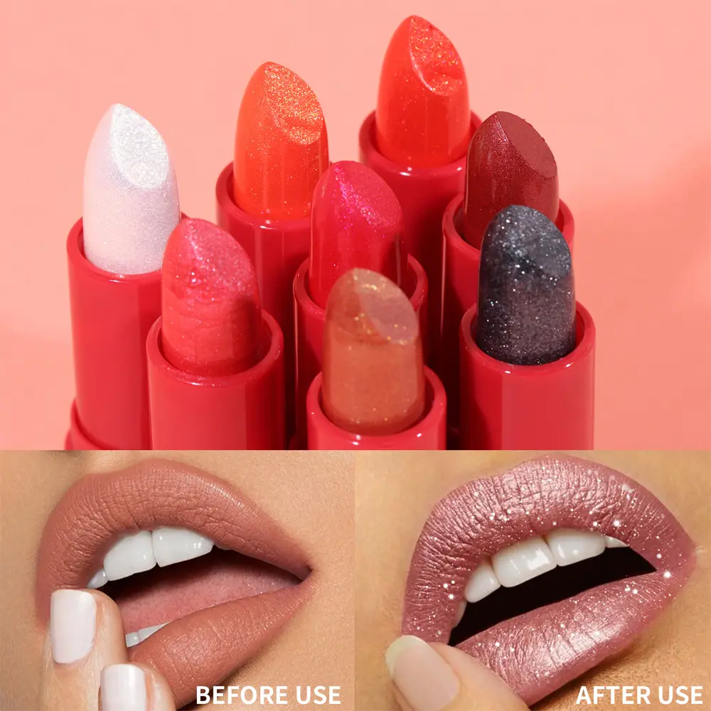 Diamond Glitter Lip Stick Waterproof Lasting Pearlescent Metallic Lip Balm Brown Women Charming Lips Gloss Makeup Cosmetics