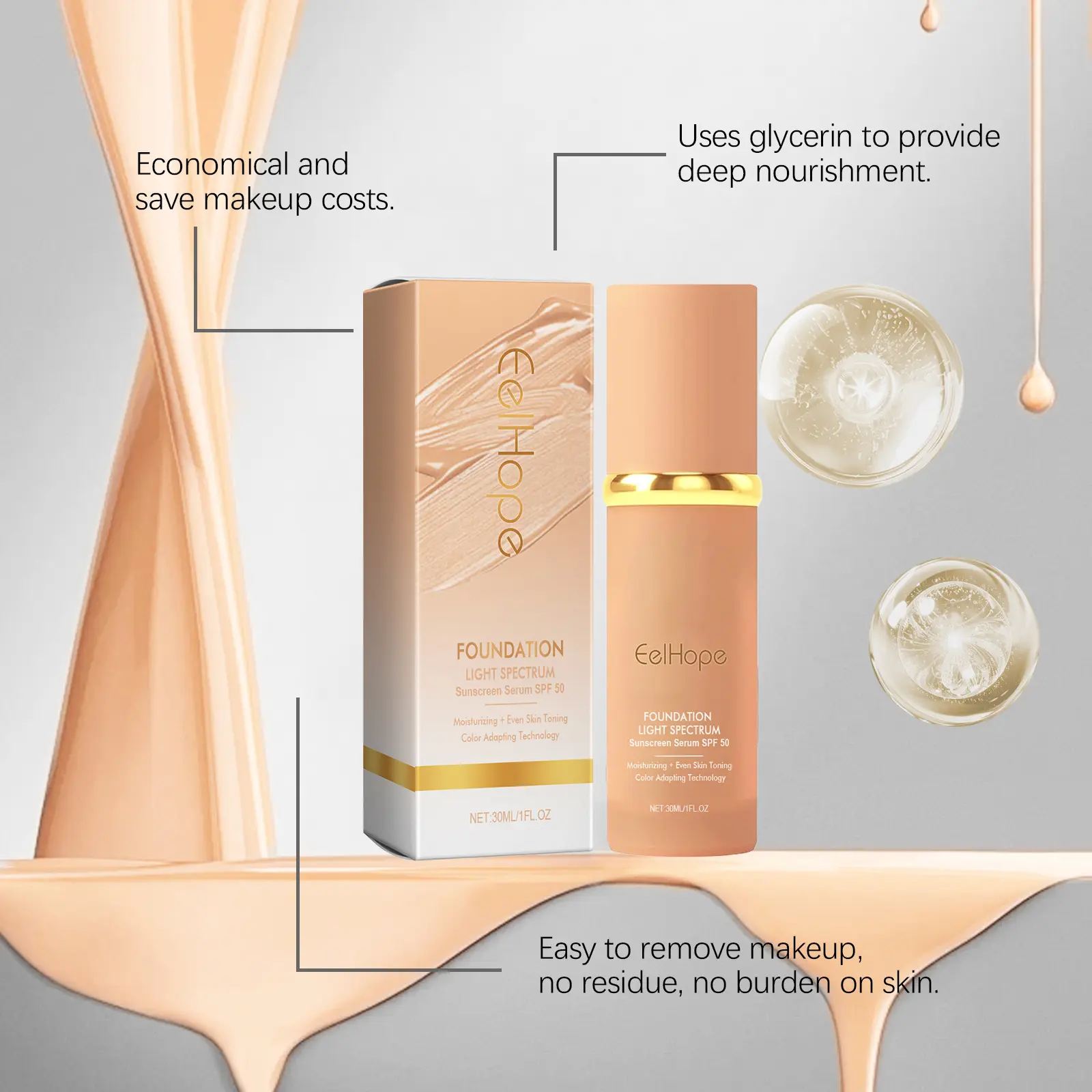 4 in 1 Foundation Liquid Anti Aging Full Coverage Concealer Color Changing Nude SPF50 Light Spectrum Hydrating Waterproof Makeup