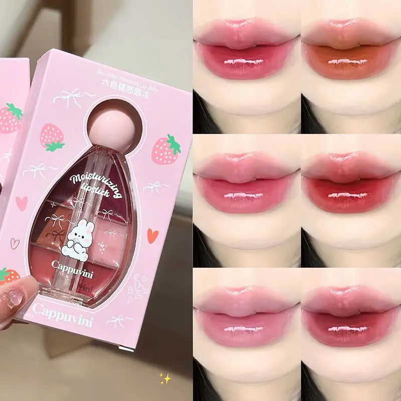 6-Color Lip Jelly Plate Mirror Crystal Lip Gloss Moisturizing Water Glass Red Orange Lip Oil Balm Sexy Plump Makeup Palette