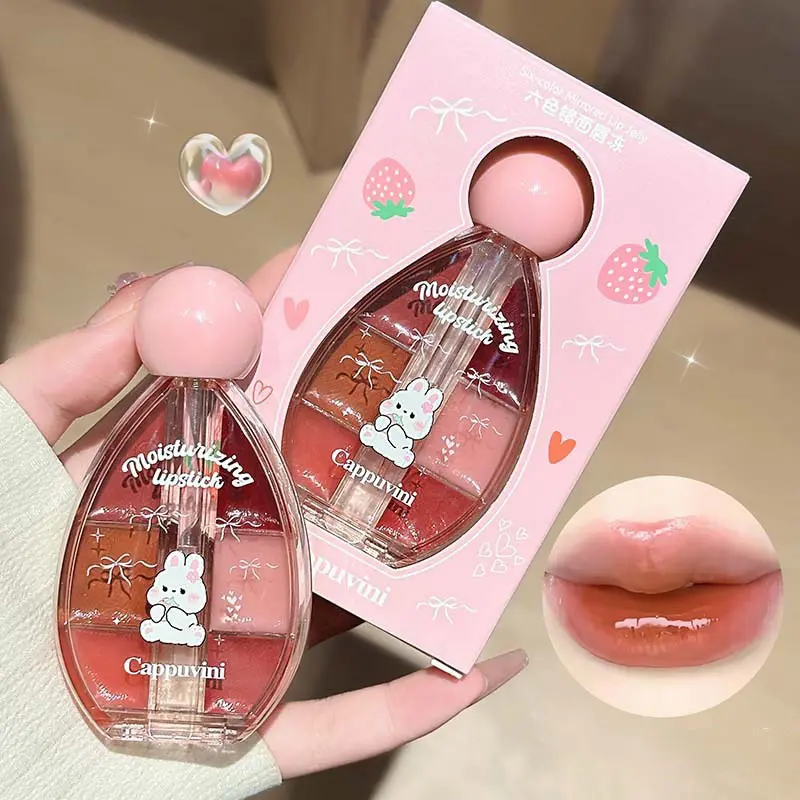 6-Color Lip Jelly Plate Mirror Crystal Lip Gloss Moisturizing Water Glass Red Orange Lip Oil Balm Sexy Plump Makeup Palette
