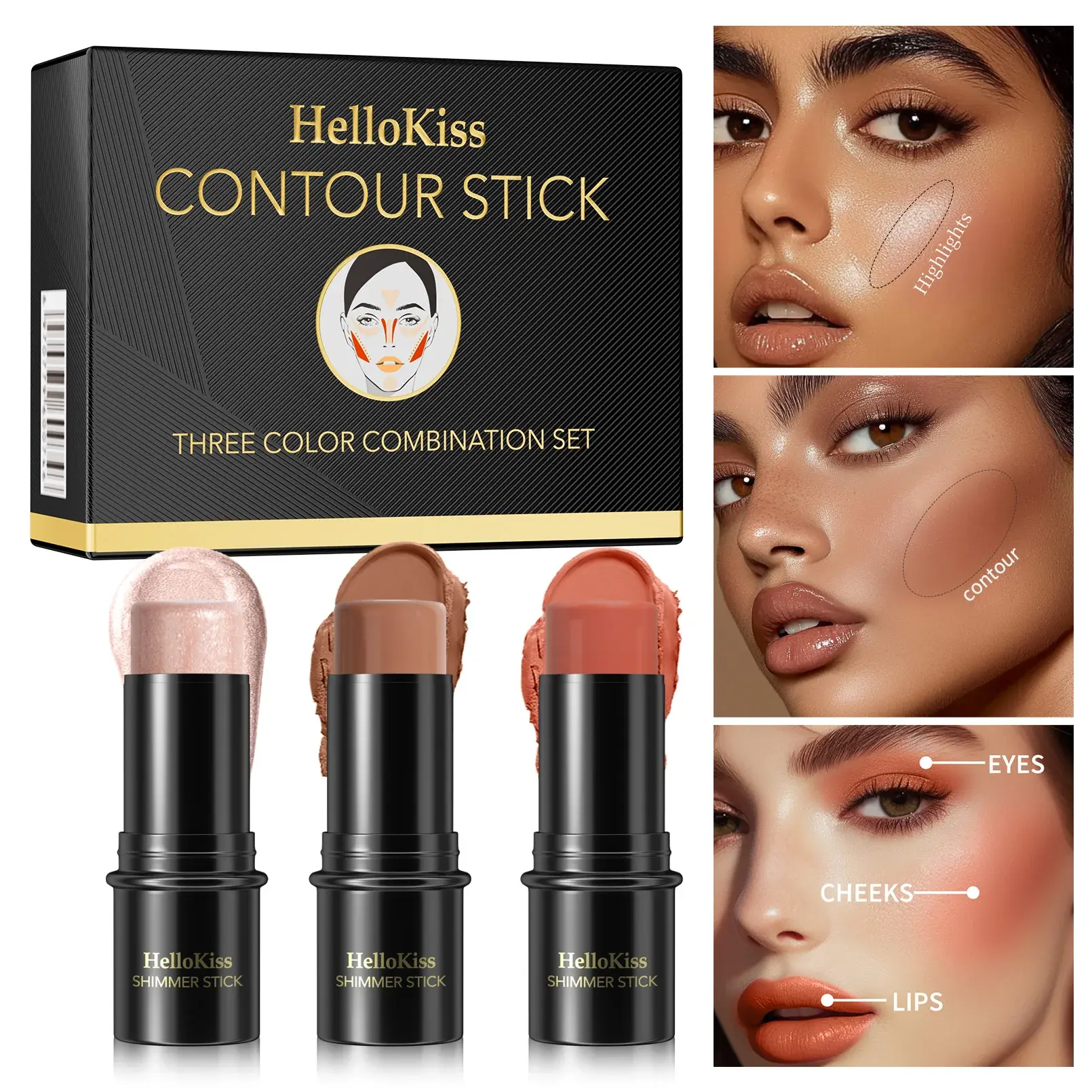 Waterproof Oil-Control Concealer Stick Set 3D Natural Face Highlighter Contour Blush Multifunctional Cream Contour Stick