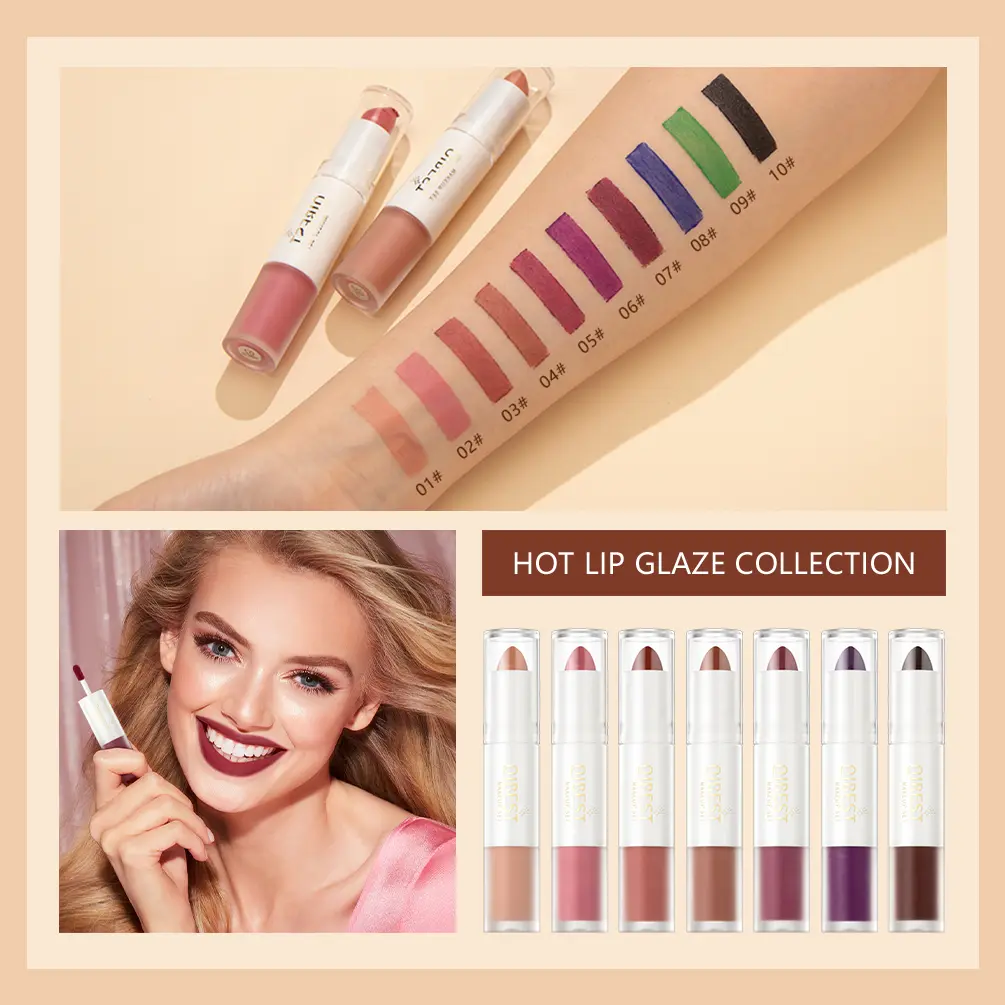 QIBEST 2 in 1 Long-lasting Matte Lipstick Sexy Red Lipstic Velvet Lipgloss Women Waterproof Nude Lip Tint Girl Fashion Makeup