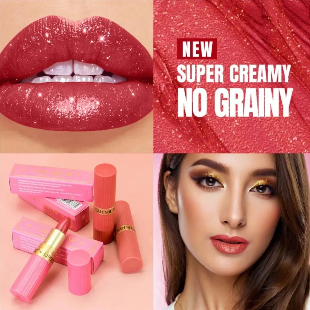 Pink Brown Metallic Glitter Lipstick Long Lasting Waterproof Shimmery Pearl Sparkling Lip Gloss Luxury Makeup