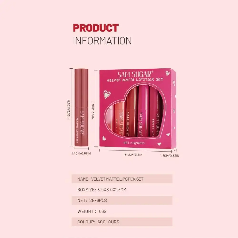 Velvet Matte Lipstick 6 Colors Set Long Wear Waterproof Lip Balm Makeup Kit Highly Pigmented Smooth Finish