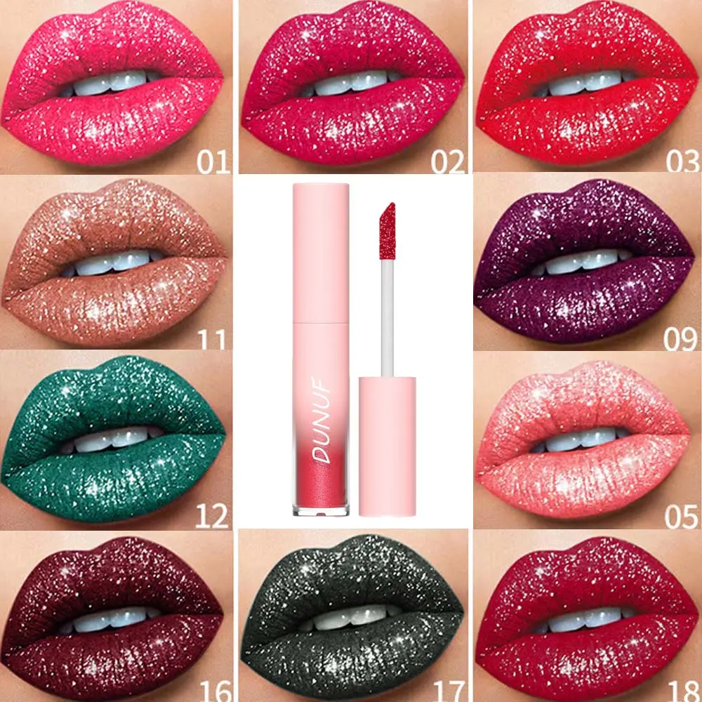 Sexy Latin Dance Makeup Waterproof Diamond Shimmer Glitter Lip Gloss 18 Colors Pearl Glitter Liquid Lipstick Sparkle Lip Tint