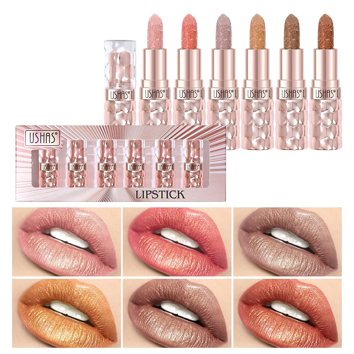 USHAS 6pcs pearlescent fine flash lipstick set colorful waterproof non-stick cup fine flash lipstick set