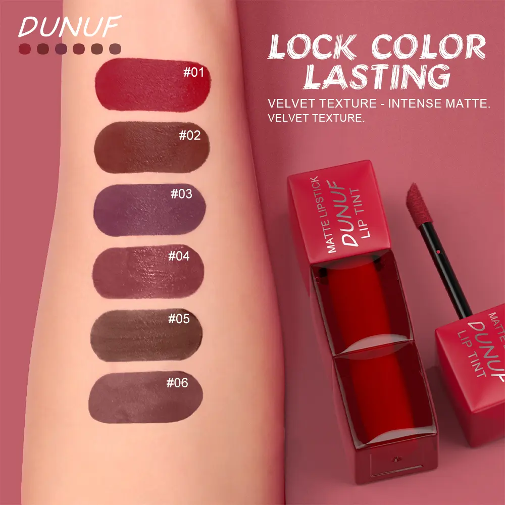 DUNUF 6pcs set matte easy color velvet lip gloss color development waterproof non-stick lip glaze set