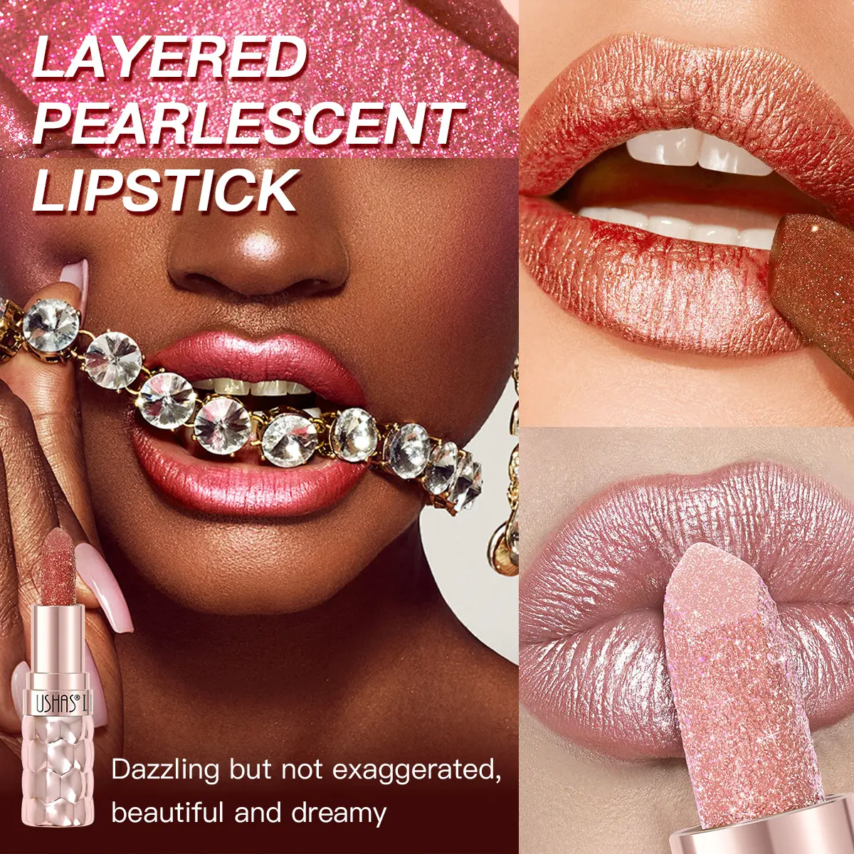 USHAS 6pcs pearlescent fine flash lipstick set colorful waterproof non-stick cup fine flash lipstick set
