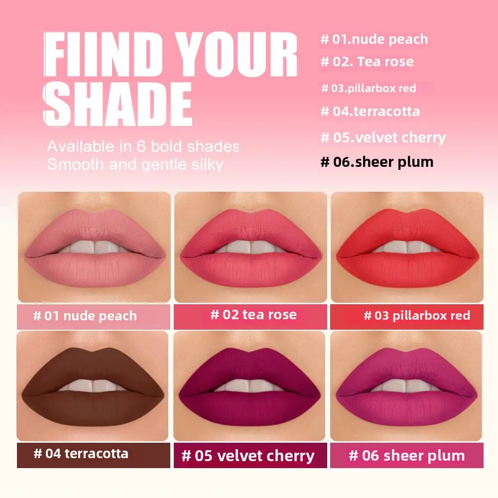 Matte Lipstick Nude Peach Brown Cherry Shades Velvety Smooth Long-Lasting Rich Pigment Waterproof Non-Stick Cup Lip Stick Makeup