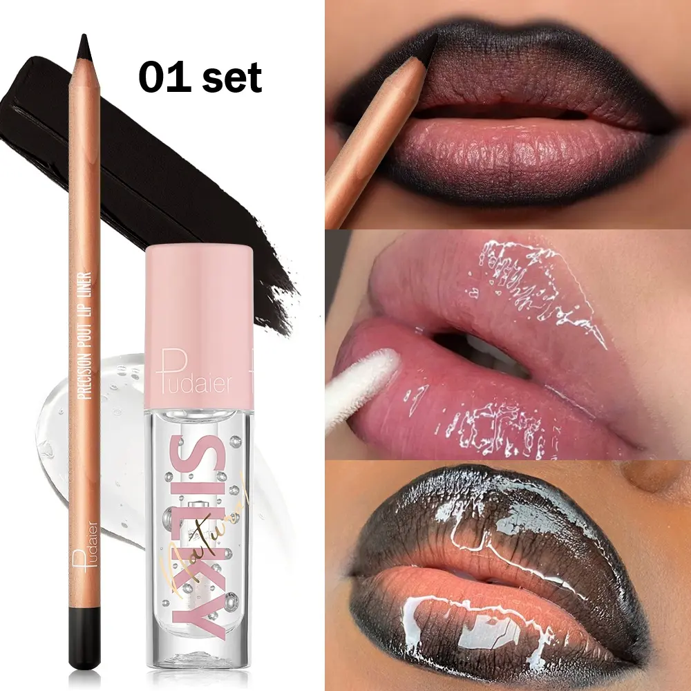 Waterproof and long-lasting black lip liner + transparent lip gloss, perfect for creating charming and sexy lips, fall in love w