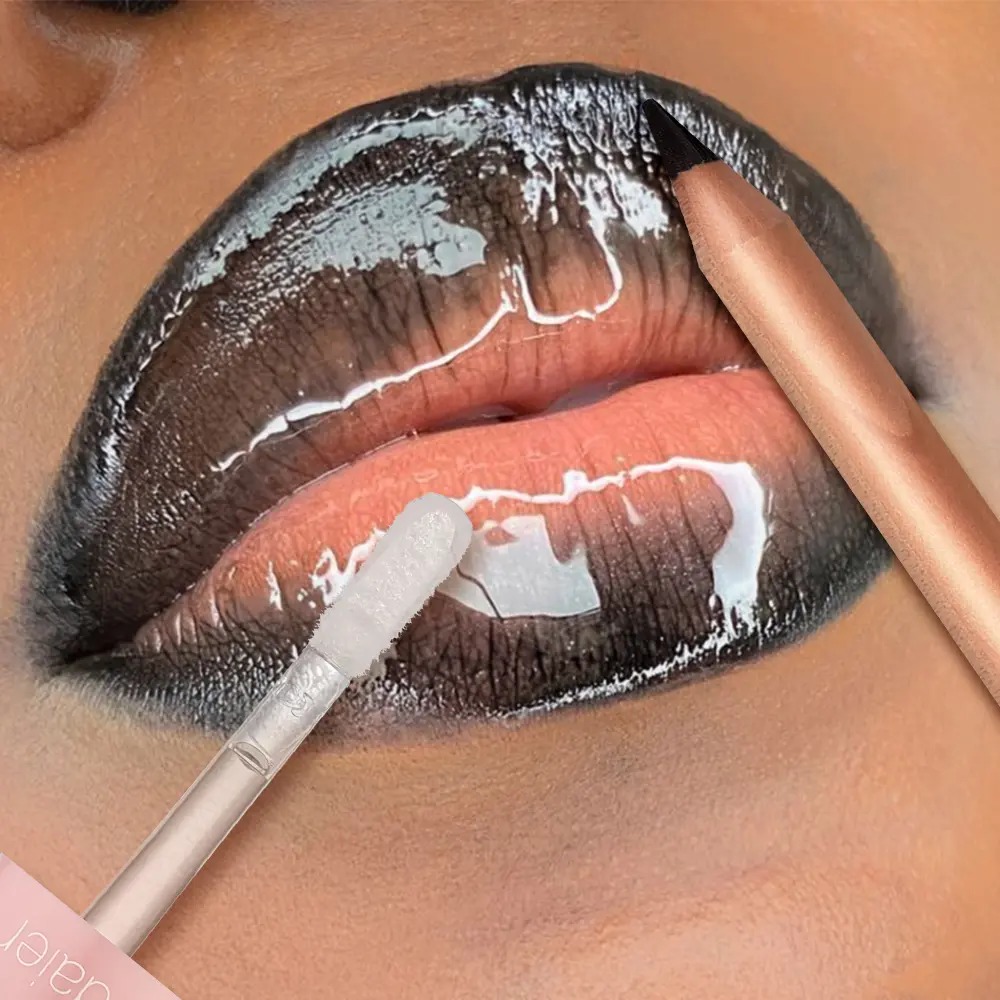 Waterproof and long-lasting black lip liner + transparent lip gloss, perfect for creating charming and sexy lips, fall in love w