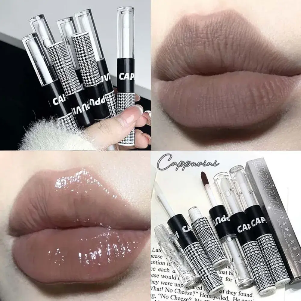 Matte Lip Glaze Double Head Mirror Lipstick Moisturizing Water Gloss Dark Raincoat Solid Color Non-stick Cup Korea Lip Makeup