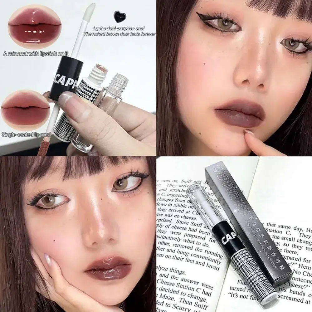 Matte Lip Glaze Double Head Mirror Lipstick Moisturizing Water Gloss Dark Raincoat Solid Color Non-stick Cup Korea Lip Makeup