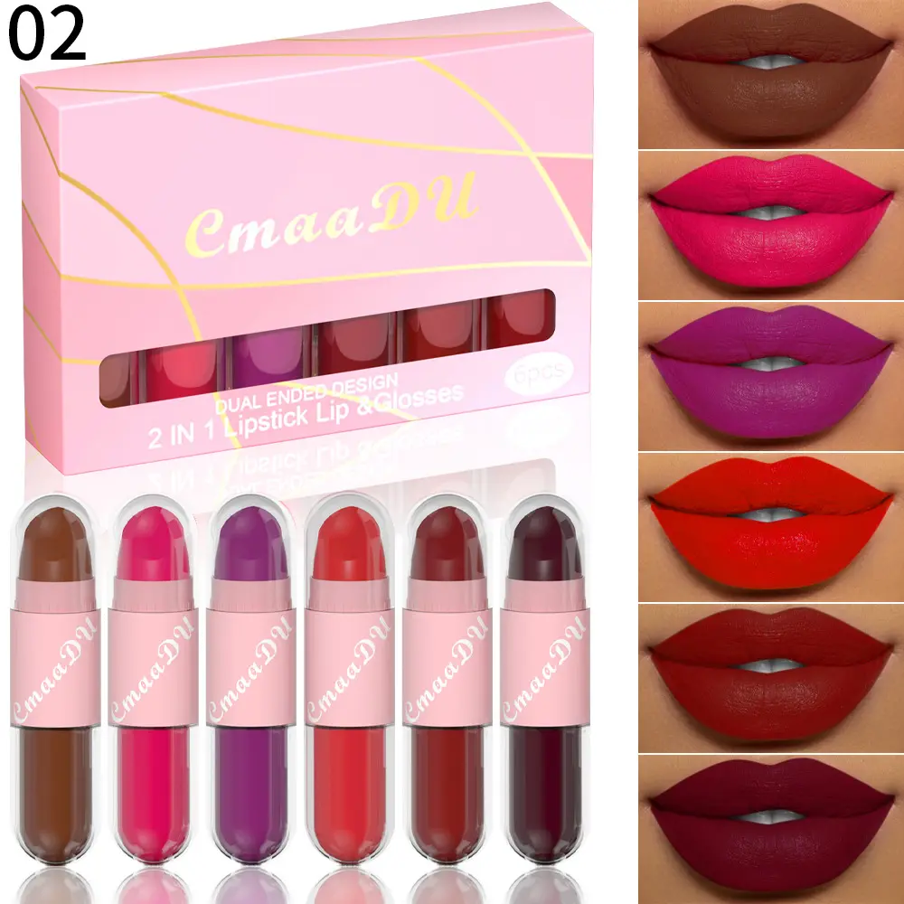 CmaaDu 2 IN 1 lipstick lip & glosses 6-piece matte Lipstick Face Color waterproof small size light weight easy to carry
