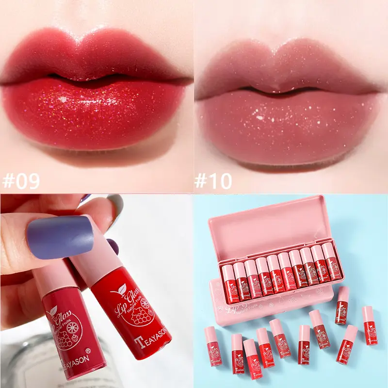 10 pcs Shimmer Mini Lip Gloss Kit,Moisturizing Liquid Lipsticks with Mirror and Waterproof Finish,Perfect Gift/Valentine's Day