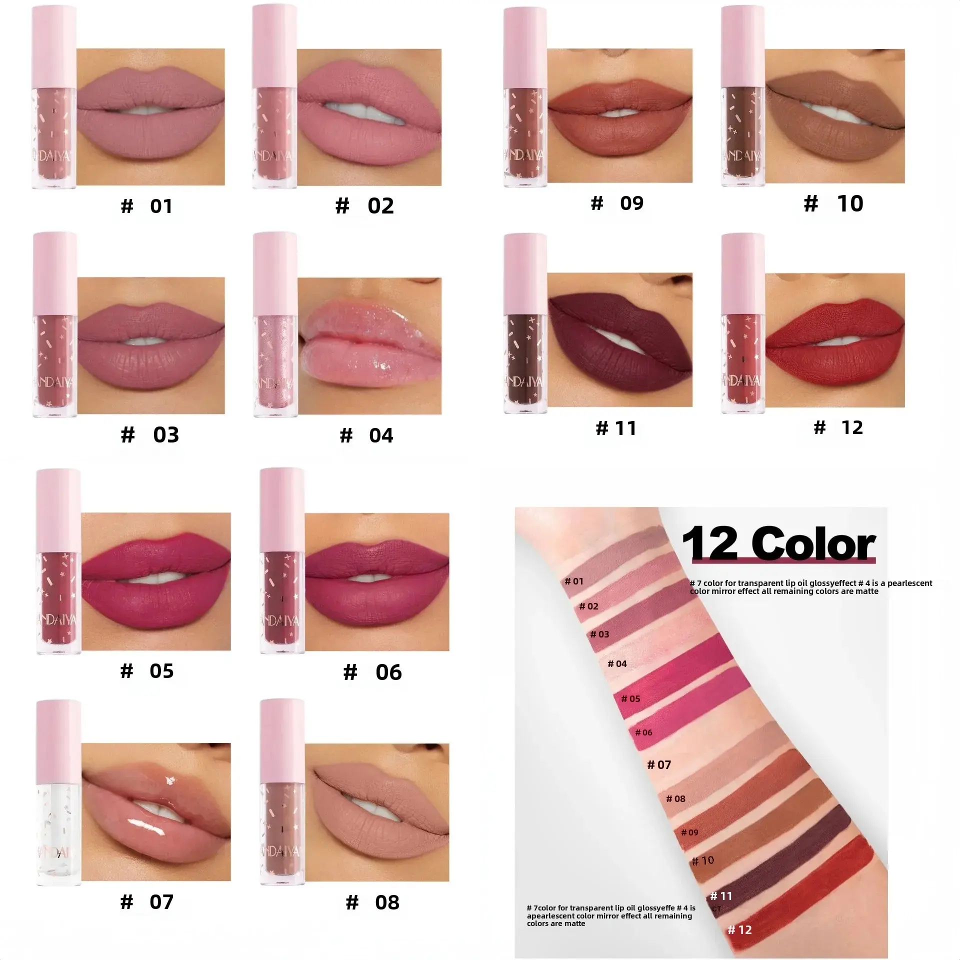 12pcs Liquid Matte Lipstick Set with Lip Oil Coating Pearlescent Mirror Effect Lipgloss Waterproof Last 24hours Makeup Lip Tint