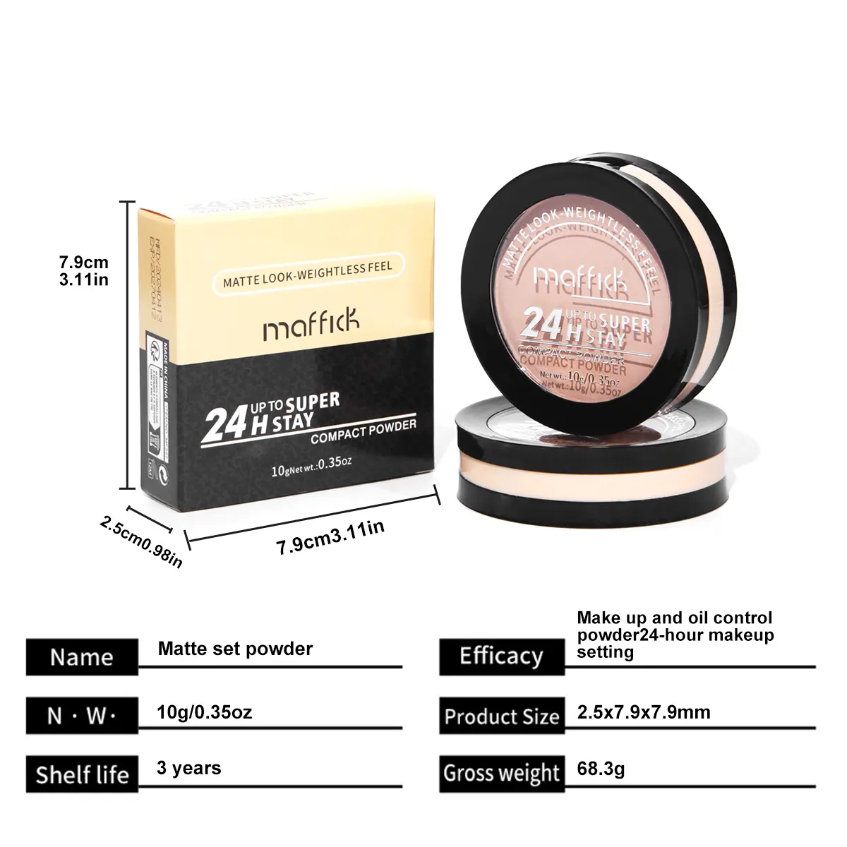 Waterproof powder with mirror, durable makeup, full face coverage, compact powder, cosmetics base, 3 colors