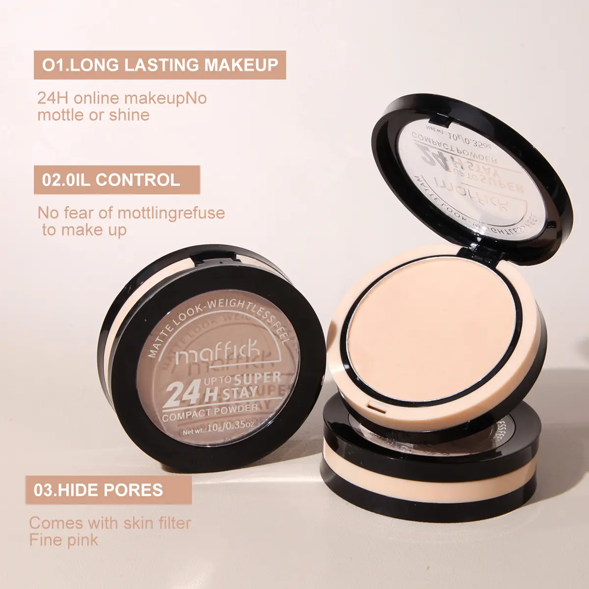 Waterproof powder with mirror, durable makeup, full face coverage, compact powder, cosmetics base, 3 colors