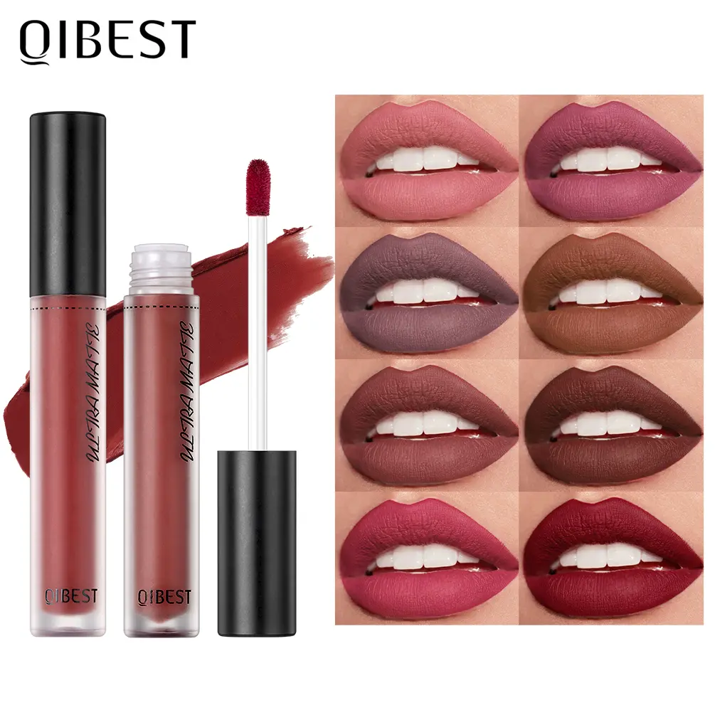 QIBEST Matte Lipgloss Makeup Liquid Lipstick Long Lasting Waterproof Velvet Sexy Red Lip Gloss Black Purple Nued Lip Tint
