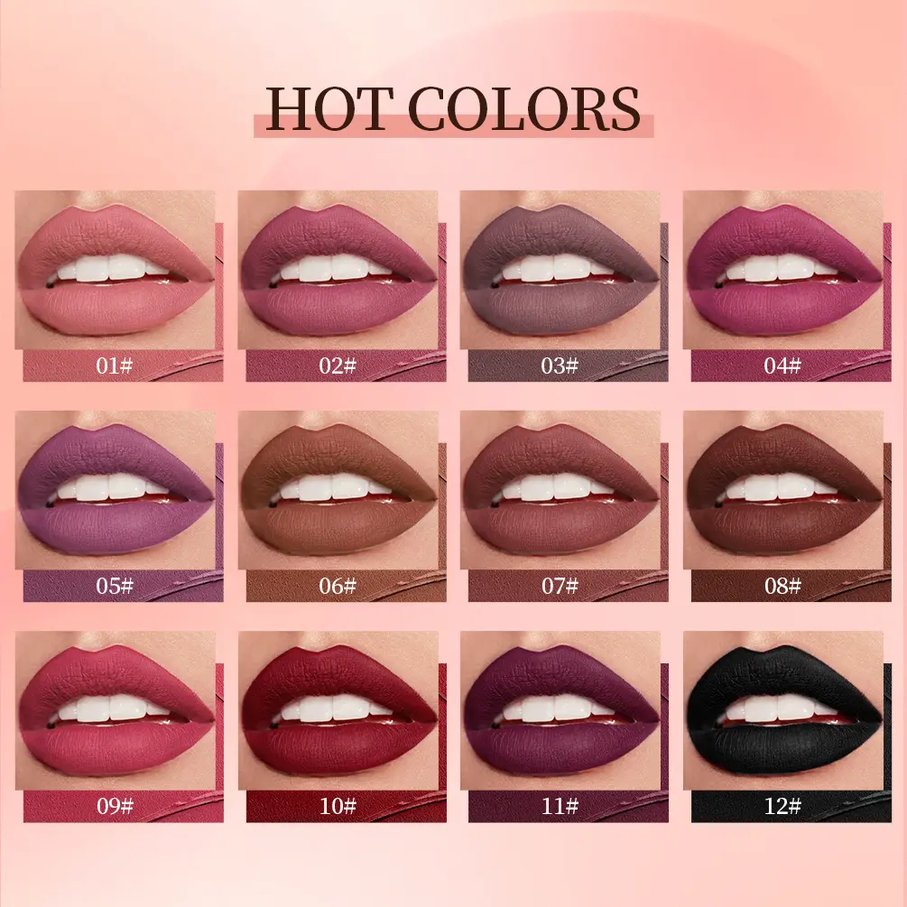 QIBEST Matte Lipgloss Makeup Liquid Lipstick Long Lasting Waterproof Velvet Sexy Red Lip Gloss Black Purple Nued Lip Tint