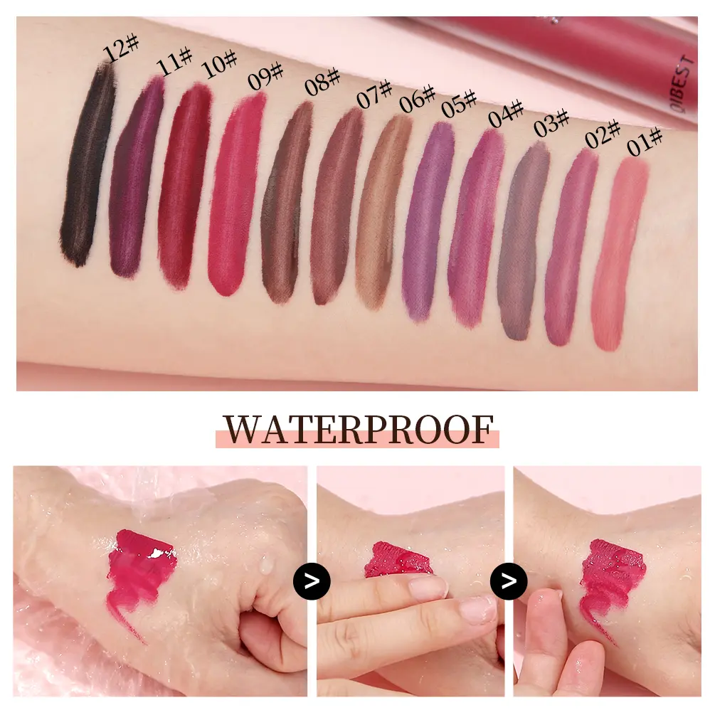 QIBEST Matte Lipgloss Makeup Liquid Lipstick Long Lasting Waterproof Velvet Sexy Red Lip Gloss Black Purple Nued Lip Tint