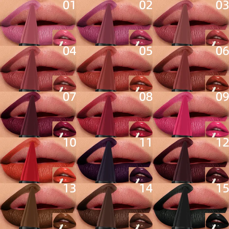 15 Colors Matte 2 In 1 Lipstick Lip Coat Set Double Head Waterproof Coat 24HR Lip Makeup Lip Gloss Tint Plumper Cosmetics Gifts