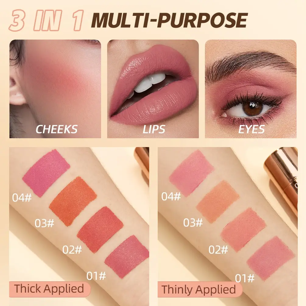 QIBEST New Face Blush Matte Lipstick Waterproof Long Lasting 3 In 1 Lipstick Blusher Eyeshadow Makeup Stick Multifunct Cosmetics