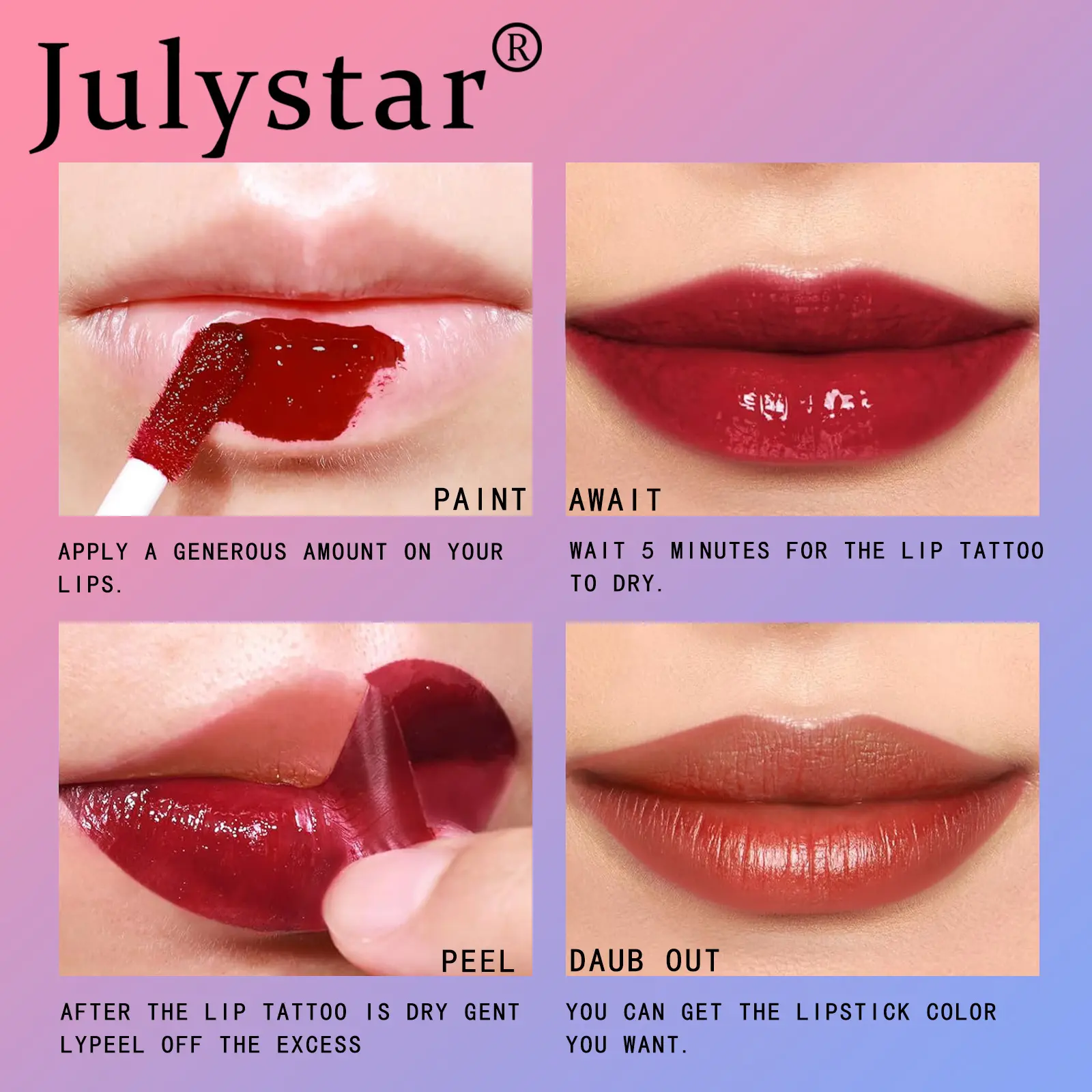 Julystar 6-color matte matte tear lipstick, long-lasting waterproof non-stick cup, tearing color lip glaze, easy to color, enhan