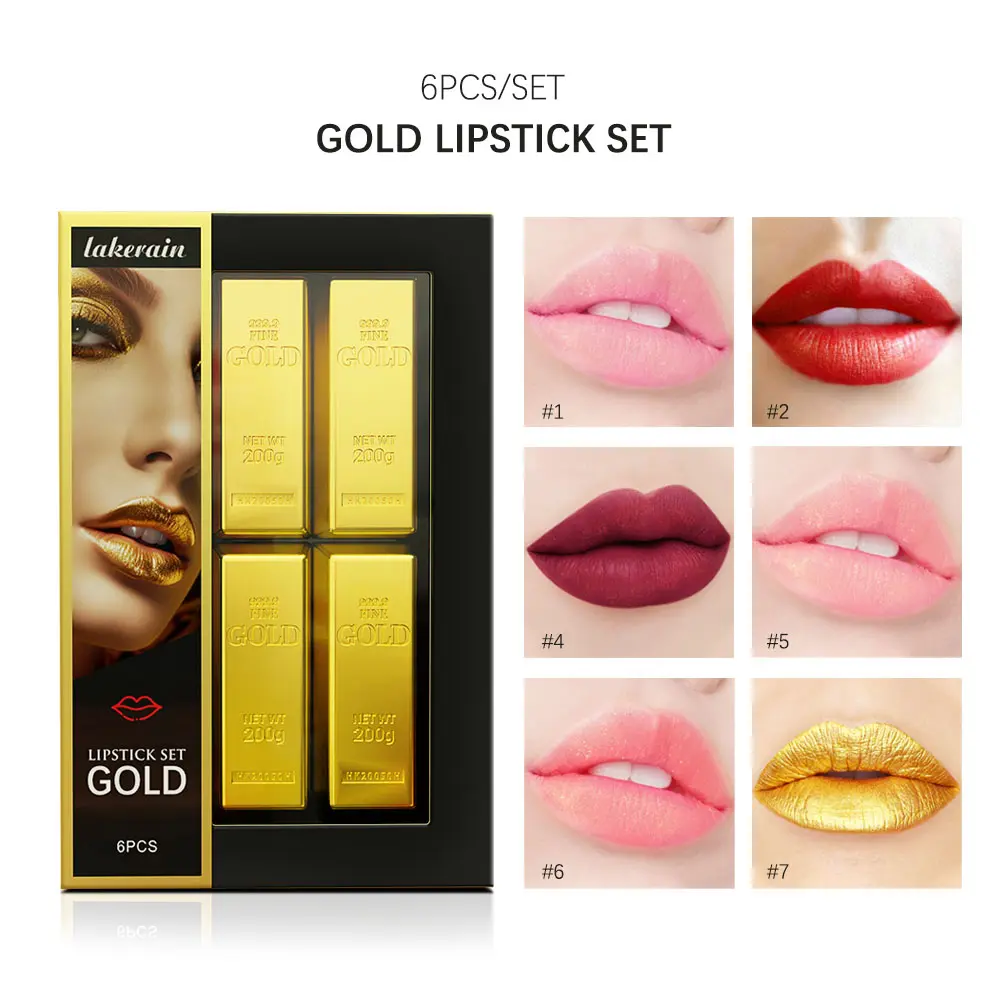 6pcs Matt Lipstick Set Gold Brick Matte Red Pink Waterproof Long Lasting Lipsticks Lip Tint Girl Lipsticks for Girls Woman Pack