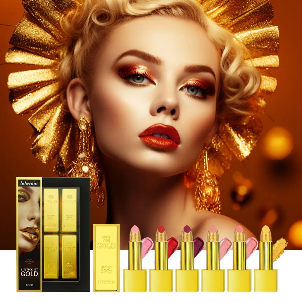 6pcs Matt Lipstick Set Gold Brick Matte Red Pink Waterproof Long Lasting Lipsticks Lip Tint Girl Lipsticks for Girls Woman Pack