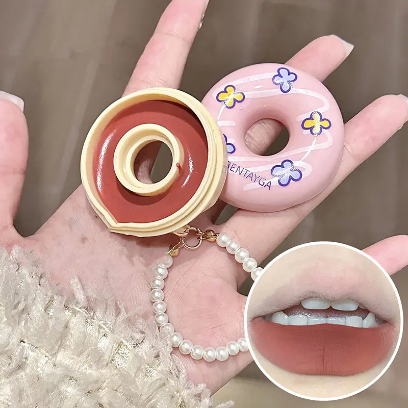 Cute Keychain Donut Lip Mud Waterproof Long Lasting Matte Lipstick Velvet Rose Red Orange Brown Lip Ink Korean Makeup Cosmetics