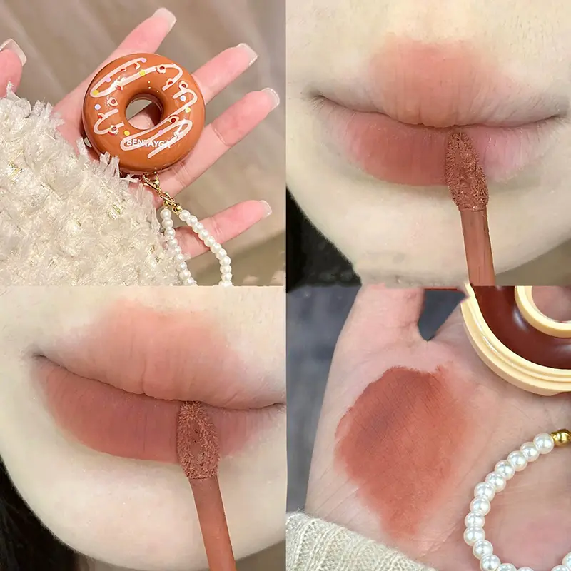 Cute Keychain Donut Lip Mud Waterproof Long Lasting Matte Lipstick Velvet Rose Red Orange Brown Lip Ink Korean Makeup Cosmetics