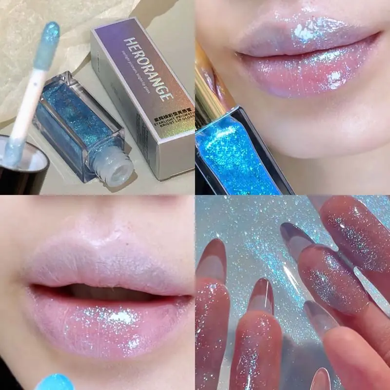Blue Mermaid Color Pearlescent Shiny Lip Gloss Diamond Crystal Sparkle Lip Tint Milky Way Glitter Lips Waterproof Korean Make Up