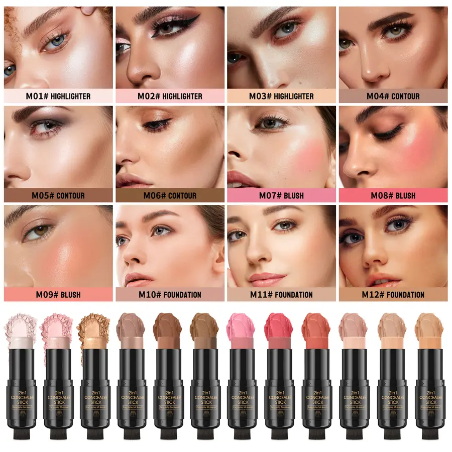 Double-head Contour Stick,Shades with Highlighter & Bronzer & Blush,Non-greasy and Waterproof Face Contouring Stick With Brush