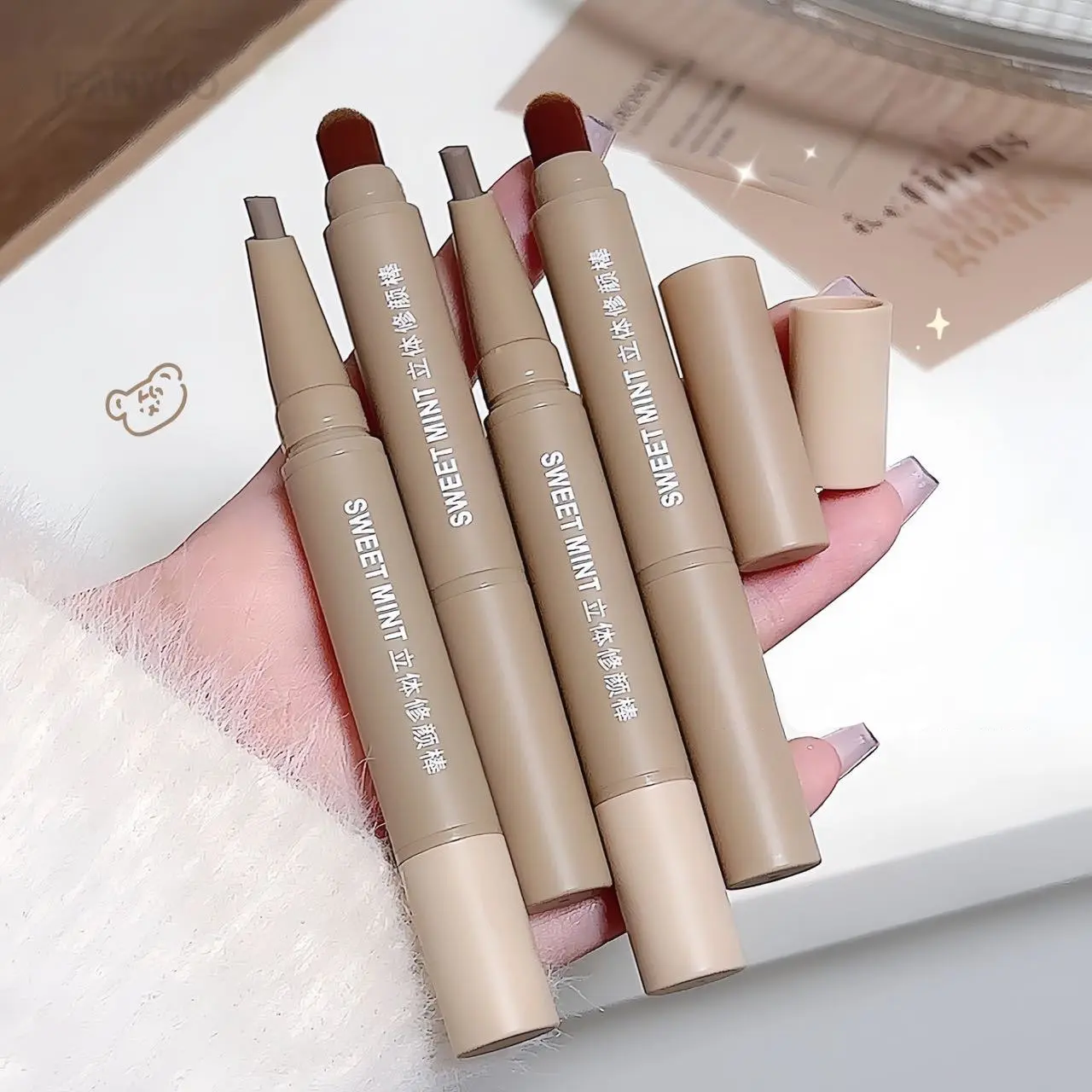 Double Head Contour Stick Bronzer with Brush Nose Shadow Cream Contouring Pen Waterproof Natural Sculpting Makeup Cosmetics