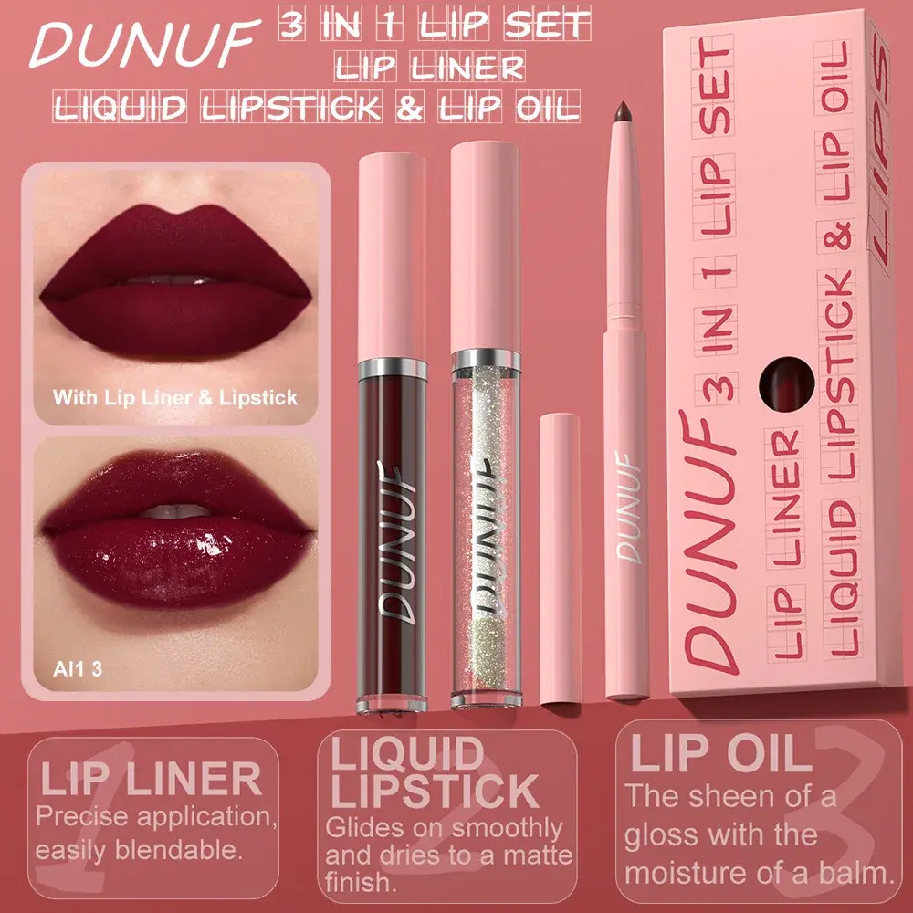 3Pc Rose Pink Matte Lipstick Set Waterproof Long-Lasting Nude Brown Lip Liner Pencil Lip Gloss Cheek Lip Tint Oil Kit for Makeup