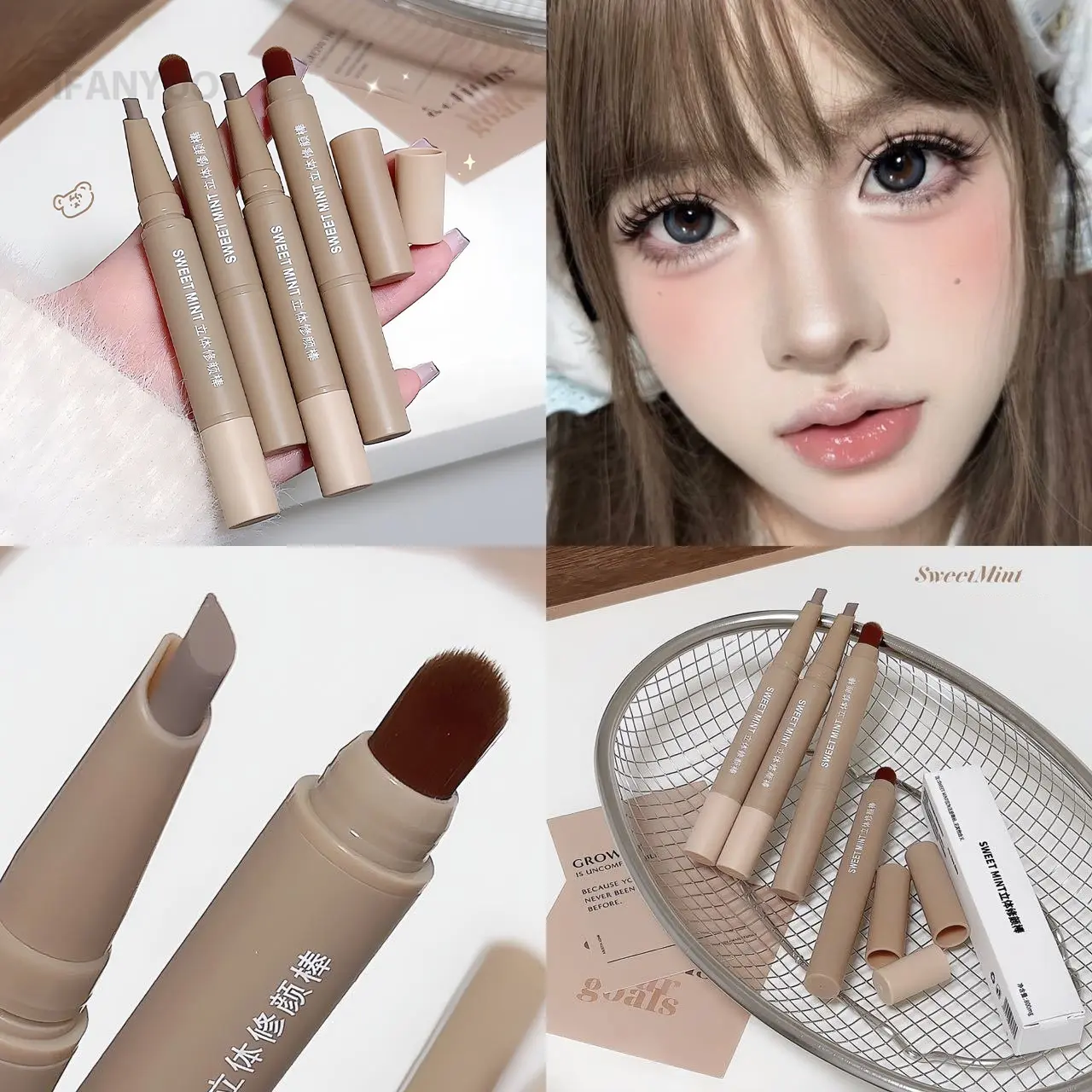 Double Head Contour Stick Bronzer with Brush Nose Shadow Cream Contouring Pen Waterproof Natural Sculpting Makeup Cosmetics