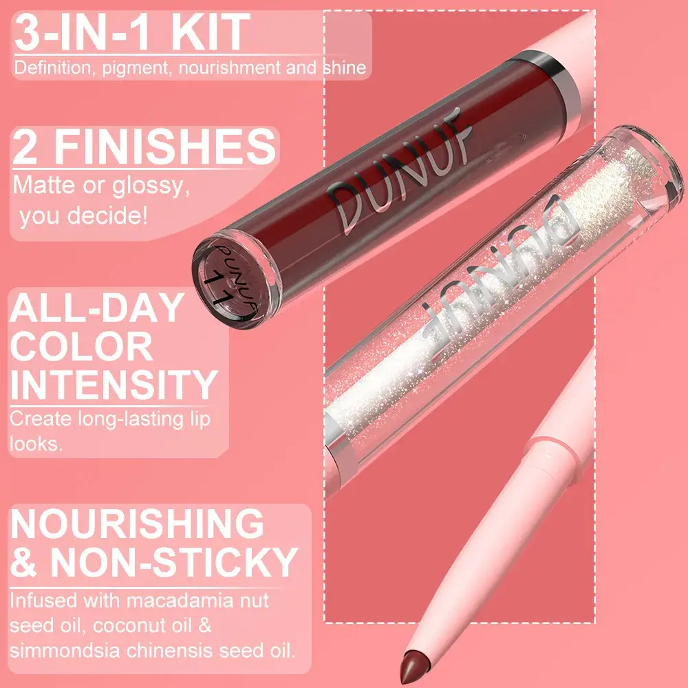 3Pc Rose Pink Matte Lipstick Set Waterproof Long-Lasting Nude Brown Lip Liner Pencil Lip Gloss Cheek Lip Tint Oil Kit for Makeup