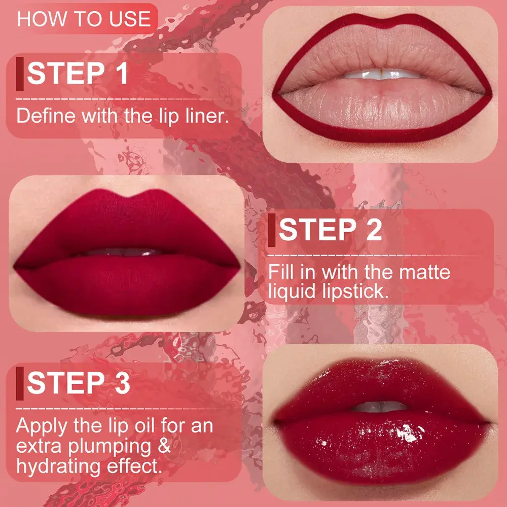 3Pc Rose Pink Matte Lipstick Set Waterproof Long-Lasting Nude Brown Lip Liner Pencil Lip Gloss Cheek Lip Tint Oil Kit for Makeup