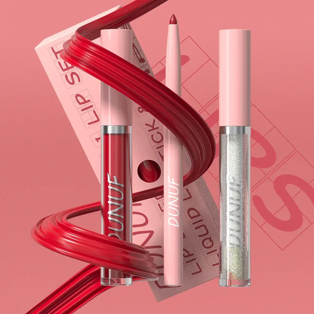 3Pc Rose Pink Matte Lipstick Set Waterproof Long-Lasting Nude Brown Lip Liner Pencil Lip Gloss Cheek Lip Tint Oil Kit for Makeup