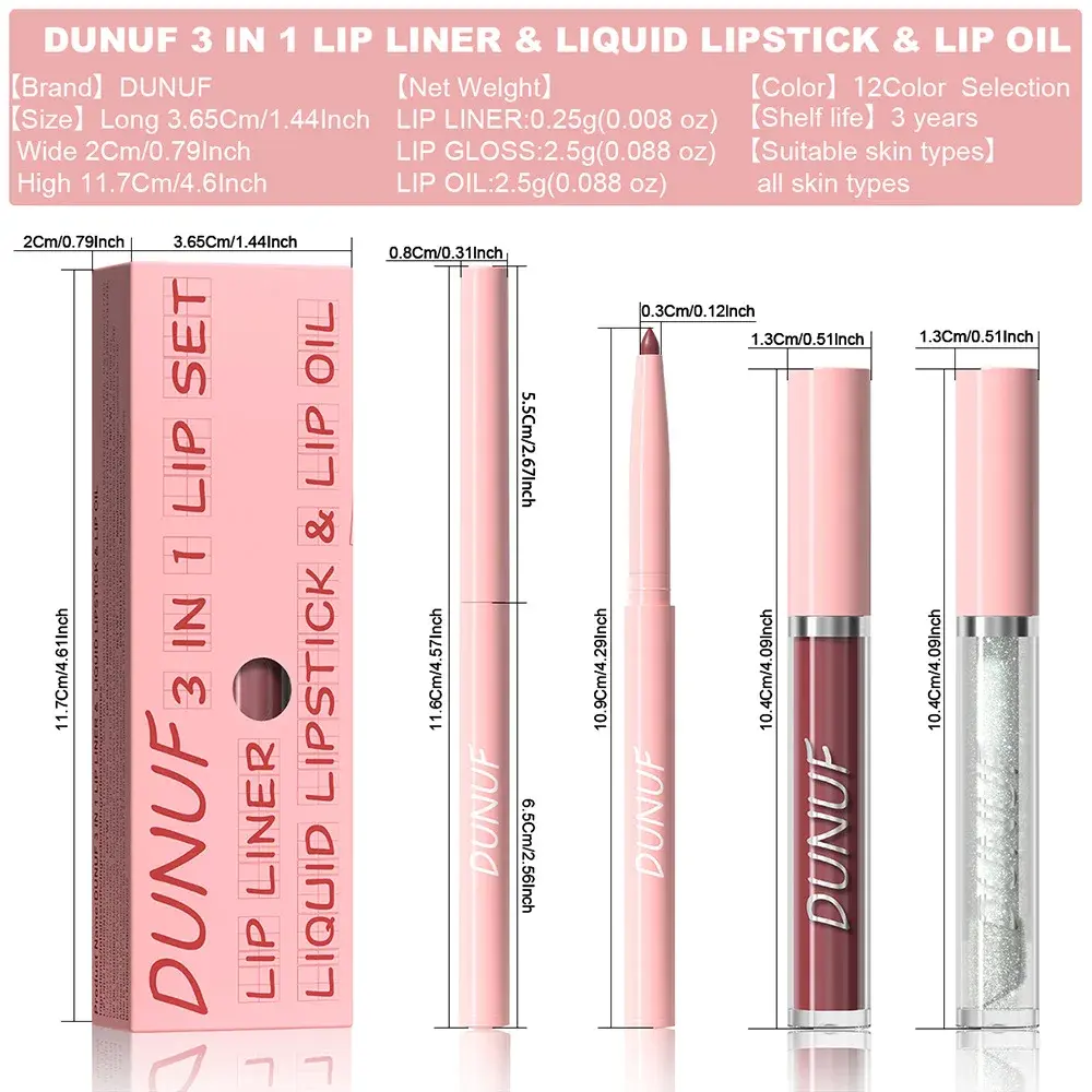 3Pc Rose Pink Matte Lipstick Set Waterproof Long-Lasting Nude Brown Lip Liner Pencil Lip Gloss Cheek Lip Tint Oil Kit for Makeup