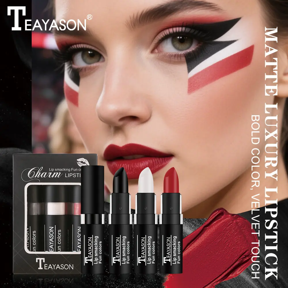 Three Lipstick Set Velvet Matte Whitening Lipstick Long-Lasting Non-Drying Black White Red Waterproof and Sweat-Proof European and American Style Lipstick Set