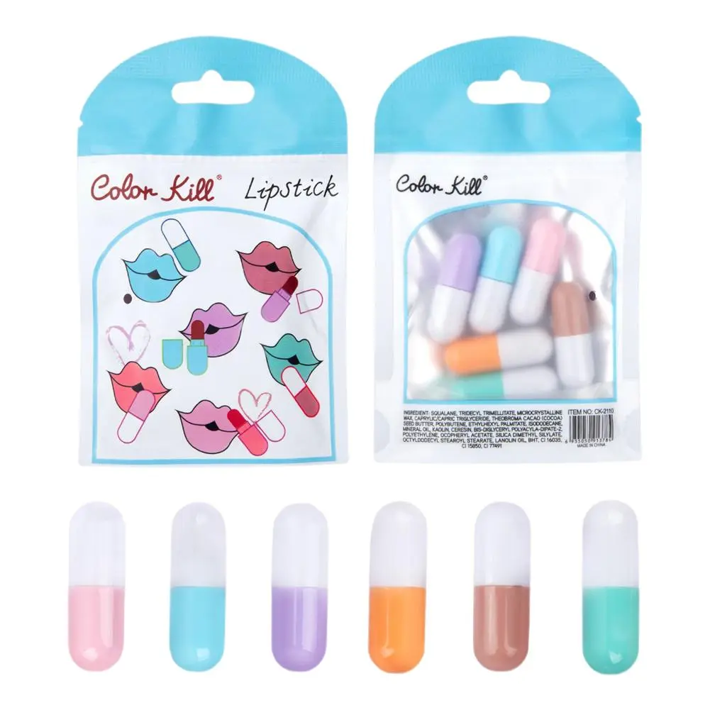 6pcs/set Mini Cute Capsule Lipstick Set with Lip Balm Moisturizing Waterproof Non-stick Cup Carry Pill Lipstick Lips Makeup Gift