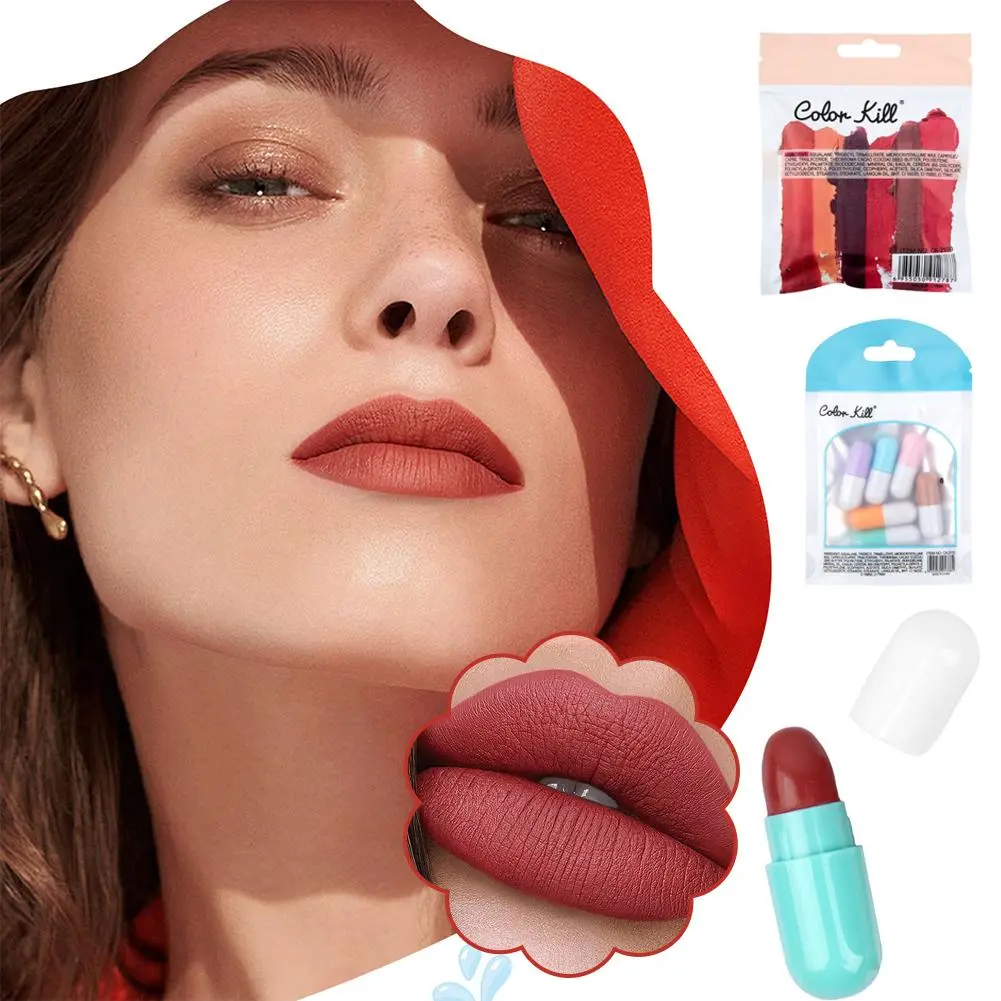 6pcs/set Mini Cute Capsule Lipstick Set with Lip Balm Moisturizing Waterproof Non-stick Cup Carry Pill Lipstick Lips Makeup Gift