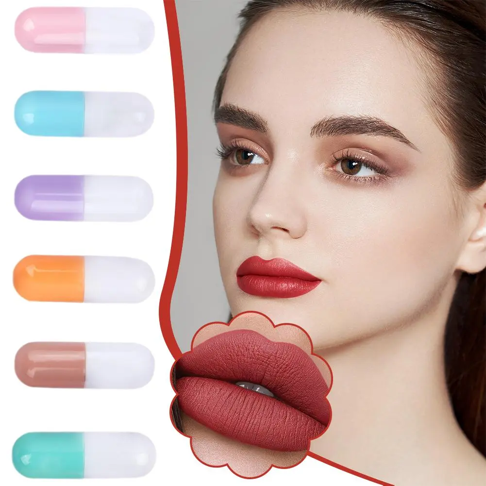6pcs/set Mini Cute Capsule Lipstick Set with Lip Balm Moisturizing Waterproof Non-stick Cup Carry Pill Lipstick Lips Makeup Gift