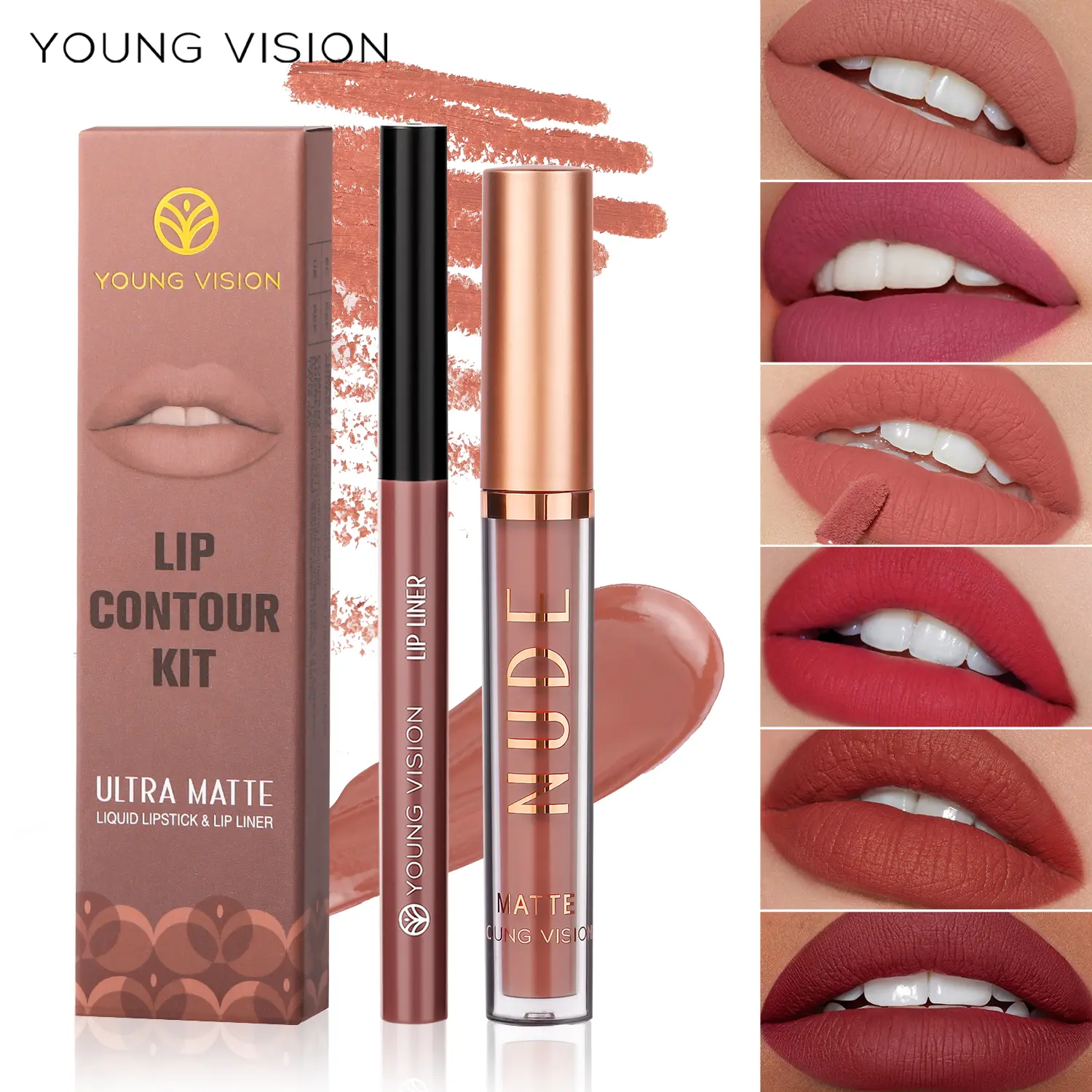 YOUNG VISION Dual Color Lip Liner Lip Gloss Combo Set Color Showing Waterproof Sweatproof Non-Sticky Cup Lip Gloss Set