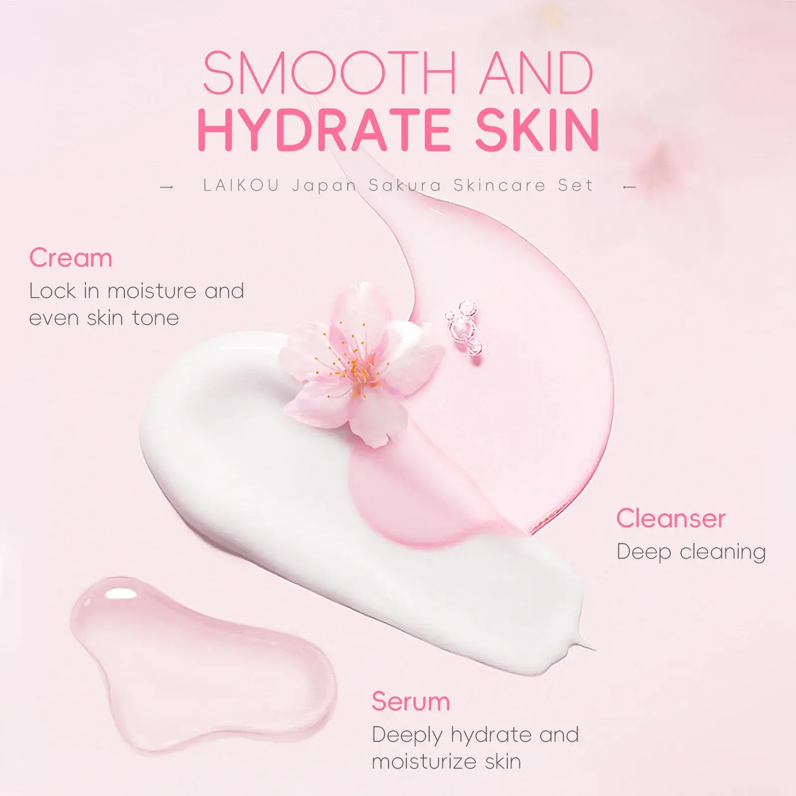 4 PCS Face Skin Care Set Cleanser Sakura Essence Cream Moisturizing Eye Cream Face Serum Improve Roughness & Dryness Skin Care