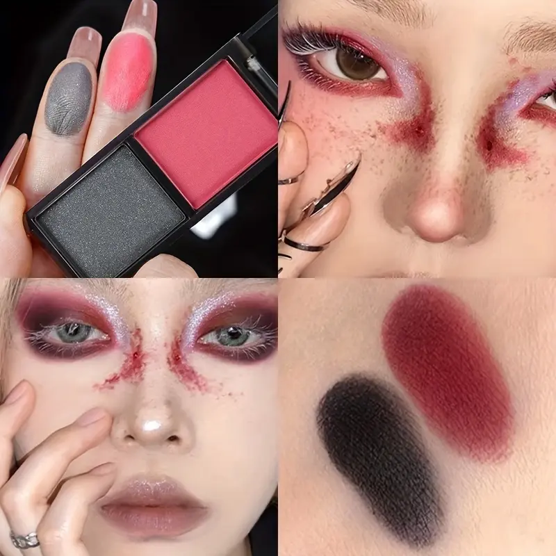 2-Color Red Black Smoky Eyeshadow Palette Matte & Shimmer Waterproof Dark Punk Halloween Makeup Glitter Pigment for Eyes