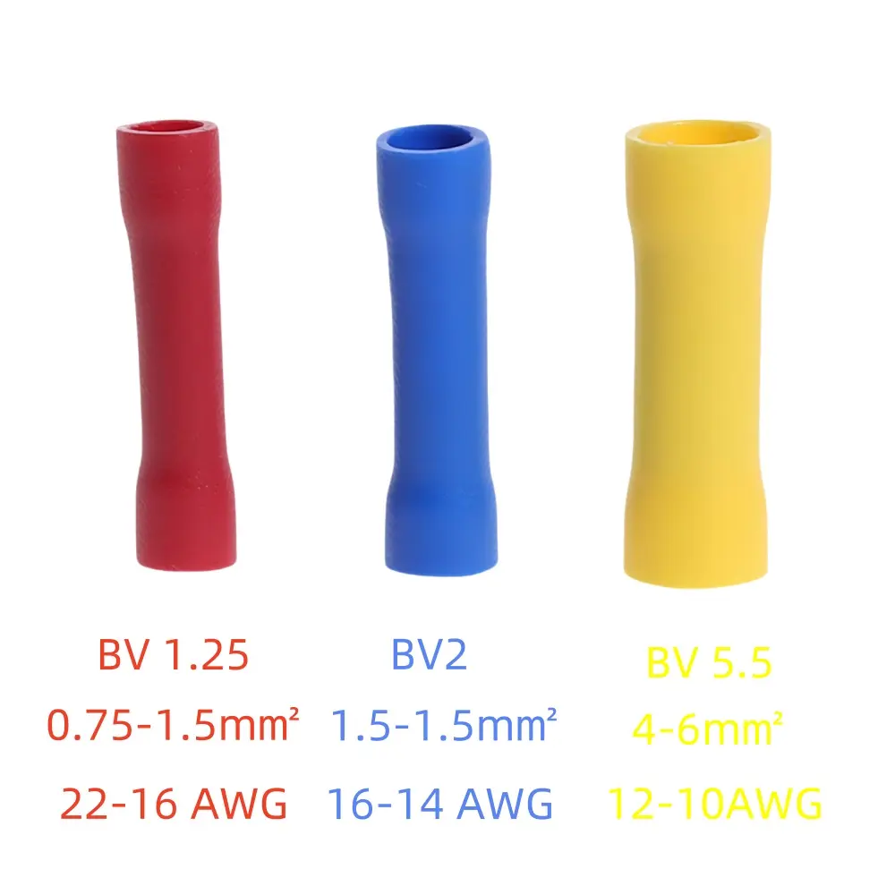 100pcs Assorted Insulated Crimp Terminals Electrical Wire Cable Butt Connectors Crimping Terminal BV1.25 BV2.5 BV5.5